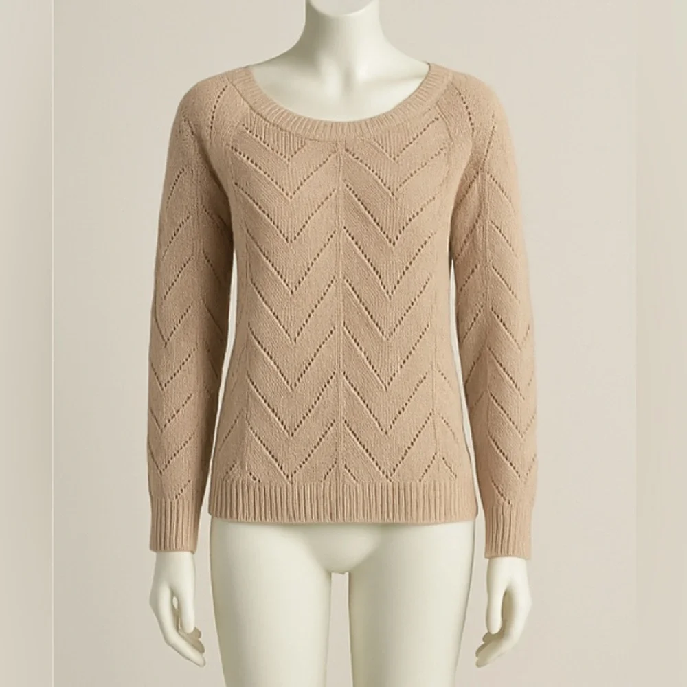 Olive & Oak Open-Knit Chevron Pullover Sweater – Beige – Size M – Cotton Blend - Picture 2 of 9